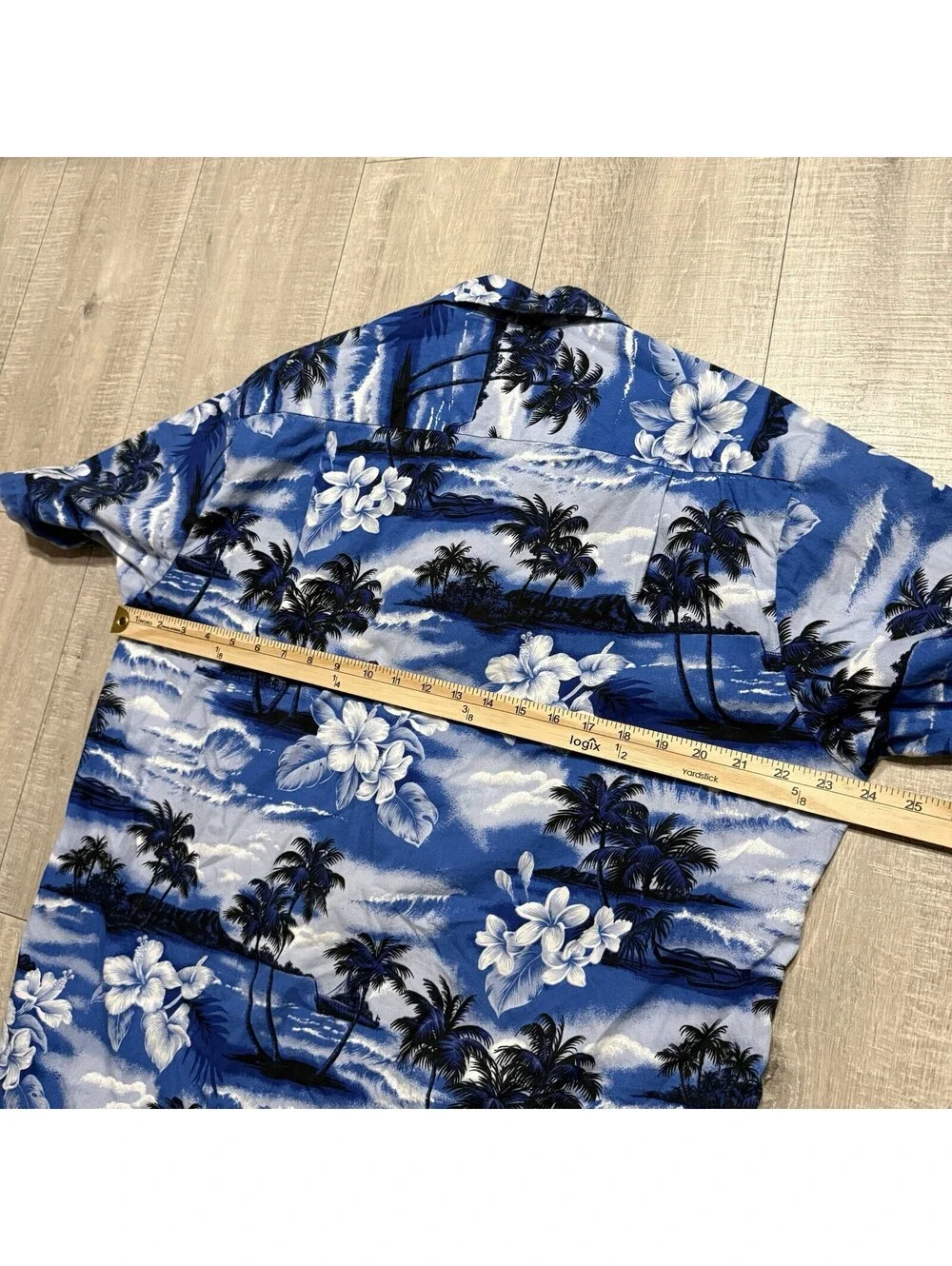 RJC Hawaiian Shirt Blue Palm Trees Floral Print Cotton USA Hawaii Made Men’s L